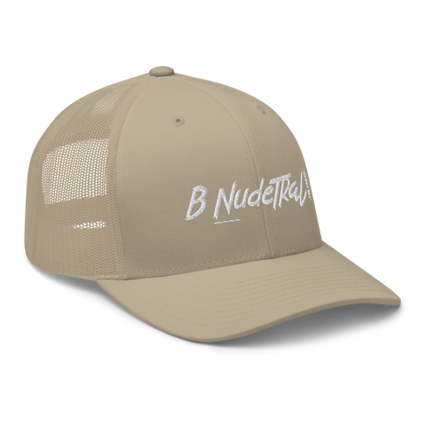 B NudeTRal "White Writing Trucker" Hat